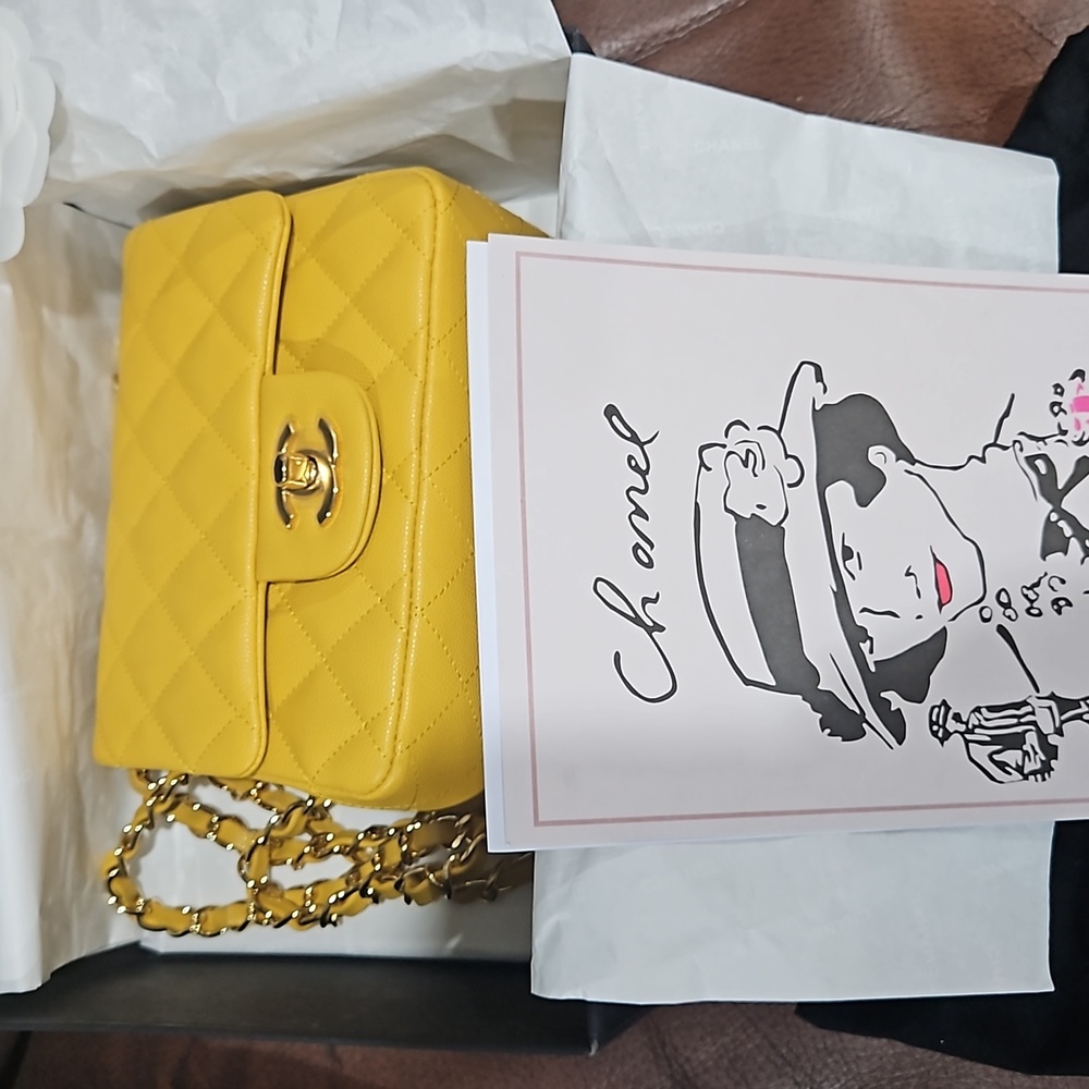 Chanel mini square classic in yellow Caviar leather